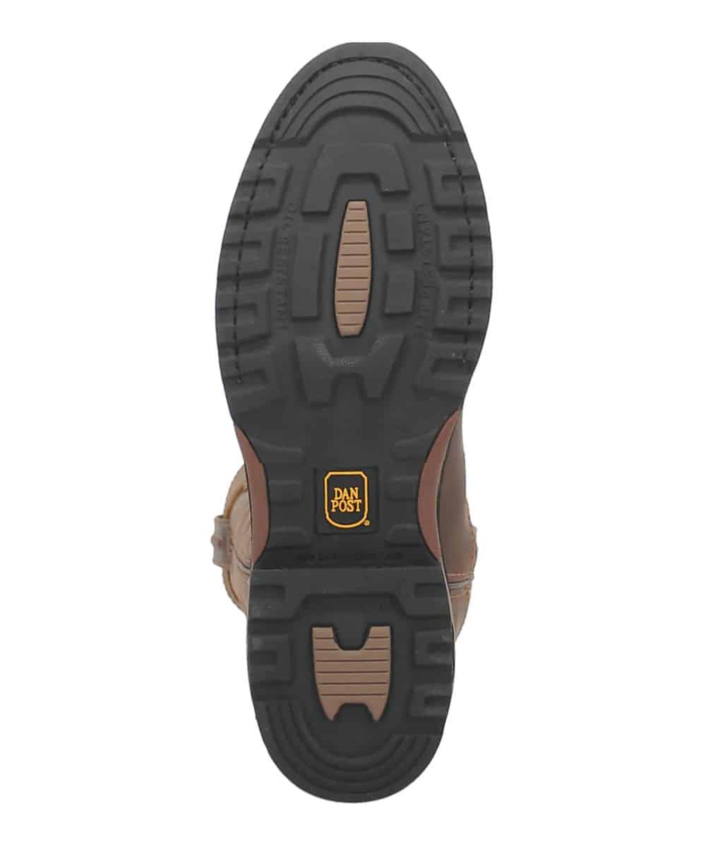 Dan Post Men's Journeyman Work Boot: Waterproof, brown leather upper with stitched detailing. Black rubber sole with deep treads for traction. Rugged and durable.
