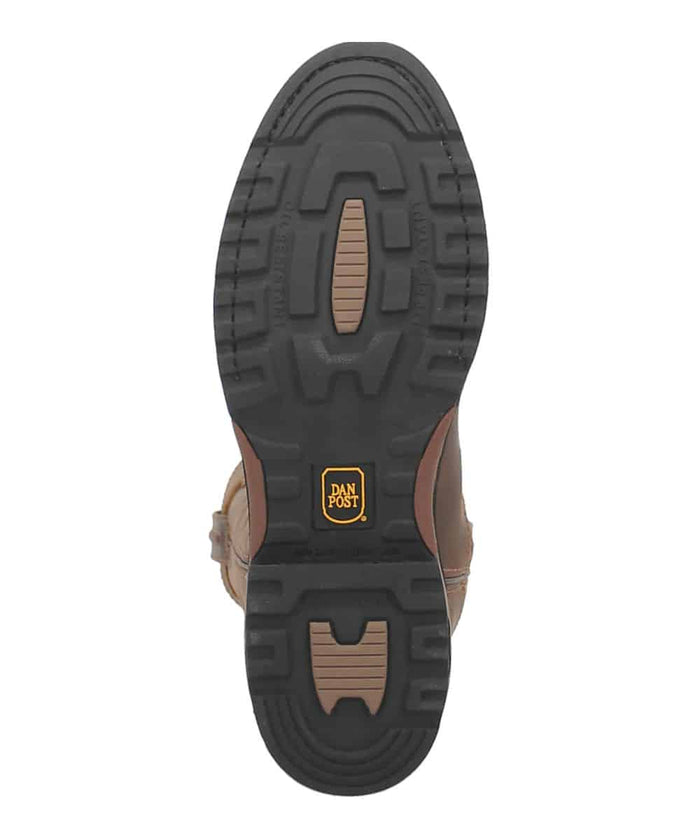Dan Post Men's Journeyman Work Boot: Waterproof, brown leather upper with stitched detailing. Black rubber sole with deep treads for traction. Rugged and durable.
