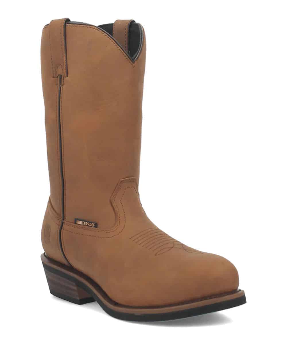 Dan Post Men's Albuquerque Work Boot. Brown leather, narrow shaft, pointed toe. Smooth texture, minimal stitching. Black interior, waterproof label. Block heel, embossed toe detailing. Traditional western style.
