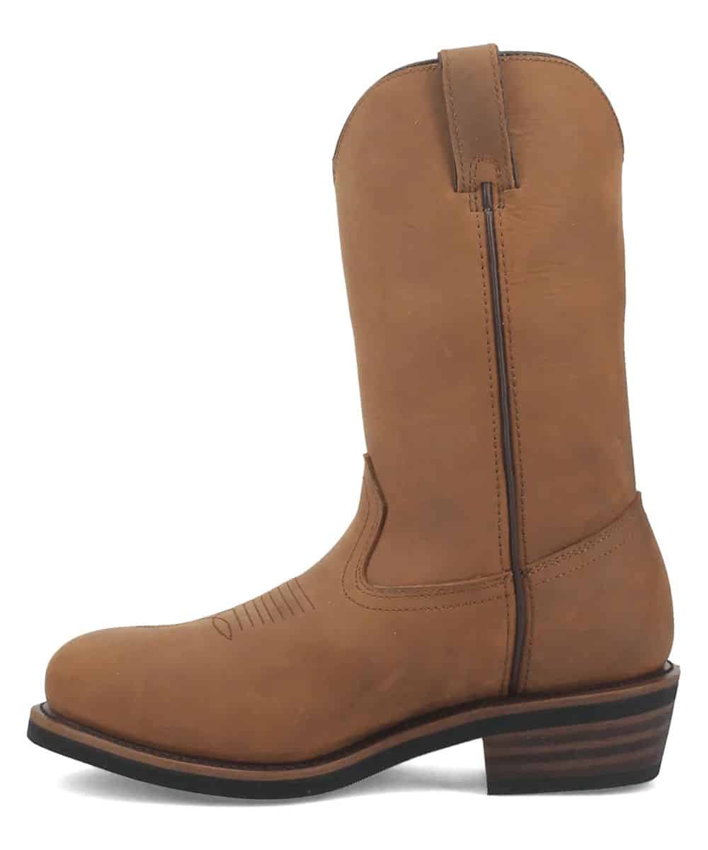 Dan Post Albuquerque men's work boot. Tall tan leather shaft, rounded toe, stitched vamp. Flat sole, stacked leather heel, side seam. Durable and stylish.
