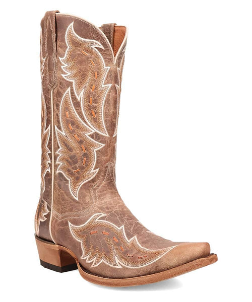 Dan Post women's racer boot. Brown distressed leather, pointed toe, tall shaft. White & orange leaf stitching. Stacked leather heel and smooth base.
