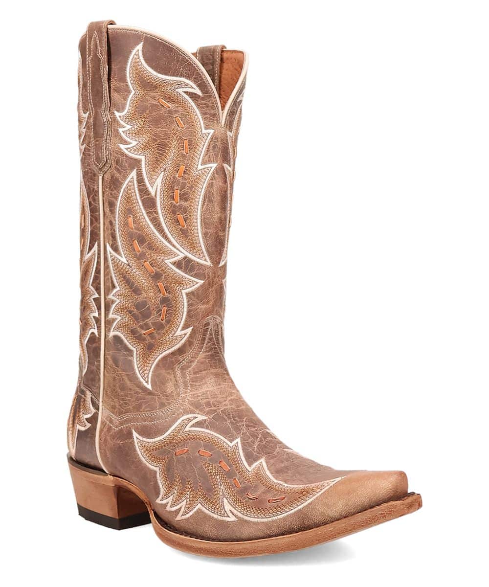 Dan Post women's racer boot. Brown distressed leather, pointed toe, tall shaft. White & orange leaf stitching. Stacked leather heel and smooth base.
