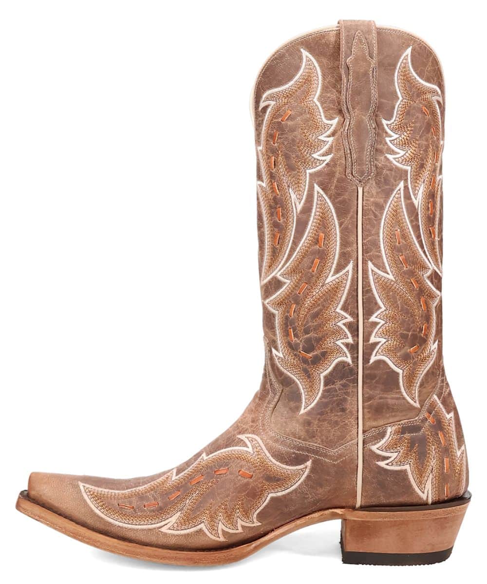 Dan Post women's racer boot in distressed brown leather. Tall design with pointed toe & upturned heel. Features decorative white & orange feather-like stitching. Includes a pull tab for easy wear.
