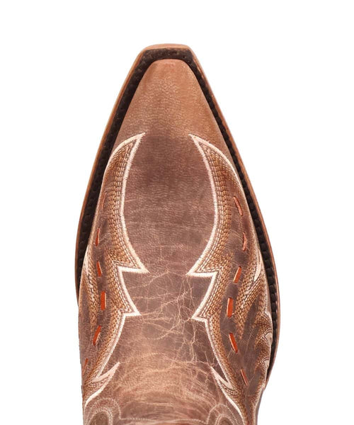Dan Post Women's Racer Boot. Distressed brown leather with a pointed toe & tall shaft. Intricate stitching & decorative embroidery enhance the boot's texture and visual appeal.
