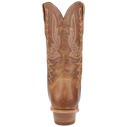 Dan Post Roman men's tan leather cowboy boots. Tall shaft, pointed upper, decorative stitching. Smooth tan leather upper, stacked wood heel. Square toe silhouette. Distinct curved stitching on shaft.
