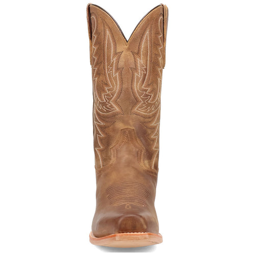 Tan leather cowboy boots with square toe and high shaft. Intricate stitching adorns the upper, highlighting detailed craftsmanship and pointed tops.
