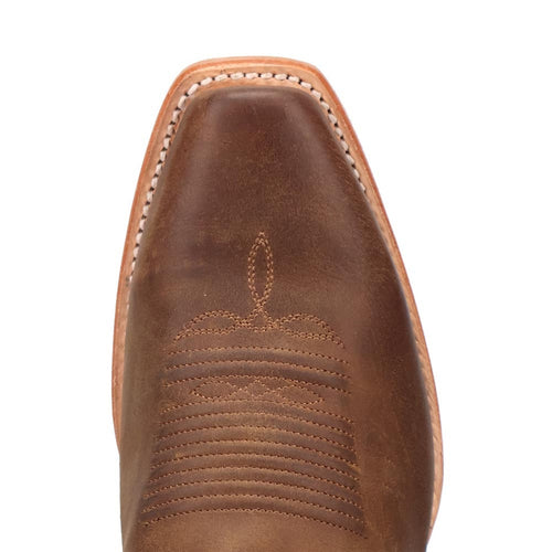 Dan Post Roman men's tan leather cowboy boots. Sleek square toe with decorative stitching on tan leather uppers. Contrasting edge stitching enhances structure.
