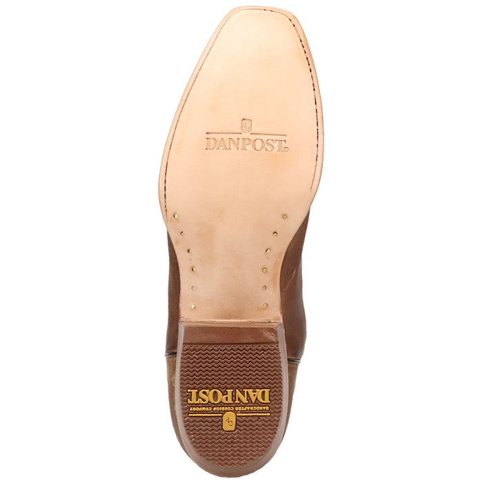 Tan leather Dan Post Roman men's cowboy boots. Square toe, smooth sole with rubber grip. Polished finish, subtle logo, and nail head details.
