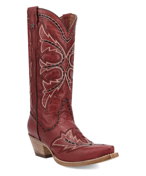 Dan Post Women's Mesa Boot: Tall red leather boot with pointed toe & stacked heel. Features intricate stitched patterns, cutouts, and contrasting thread. Side zipper for easy wear.

