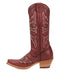 Dan Post Mesa women's boot: Red leather, tall shaft, pointed toe. Western design with decorative stitching. Tapered heel made of stacked wood.
