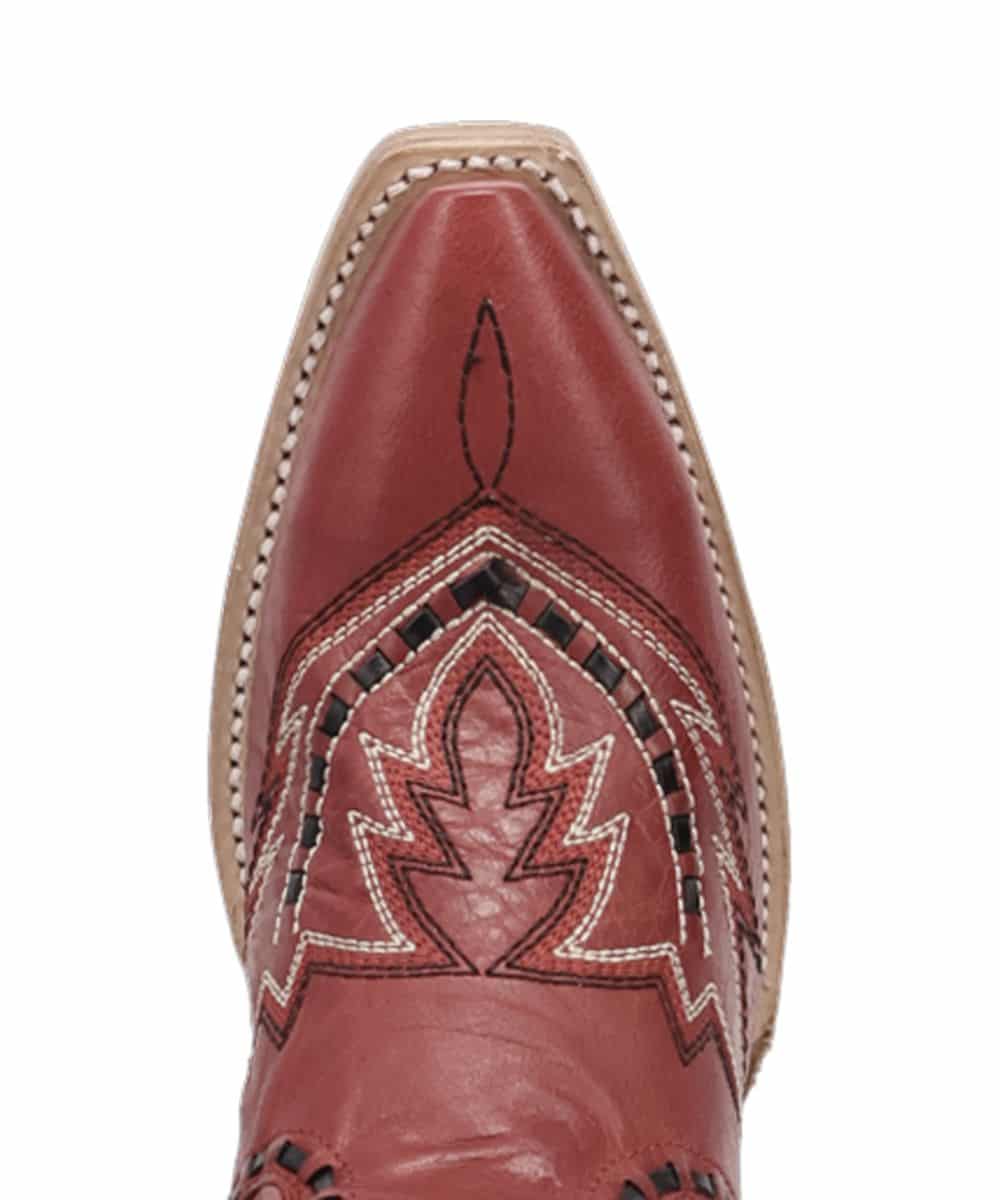 Dan Post Mesa boot. Red, pointed toe, structured ankle. White contrasting stitching, leaf pattern with black detailing. Light-colored, textured sole.
