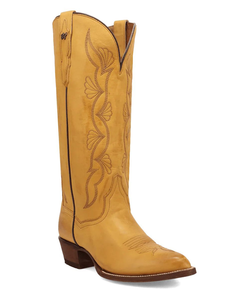 Dan Post Sunrise Canyon Boot: Women's western boot in yellow leather. Tall shaft, pointed toe, decorative stitching, and a low stacked heel. Classic western silhouette.
