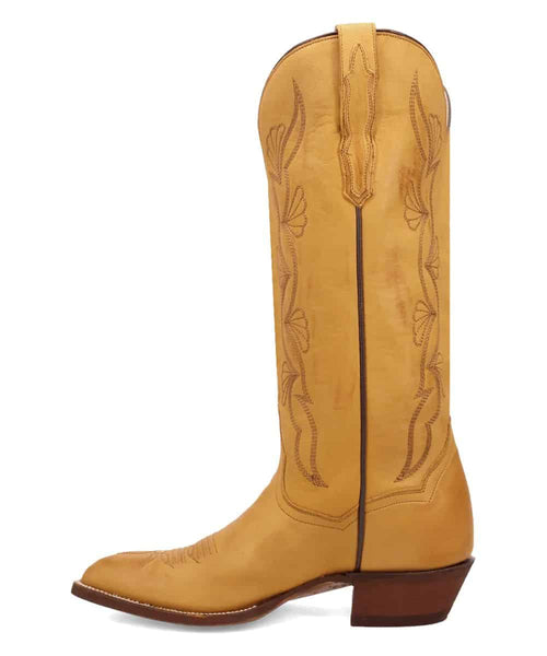 Dan Post Women's Sunrise Canyon Boot: Tall yellow leather boot with pointed toe, angled heel, and floral stitching. Features pull tab for easy wear.
