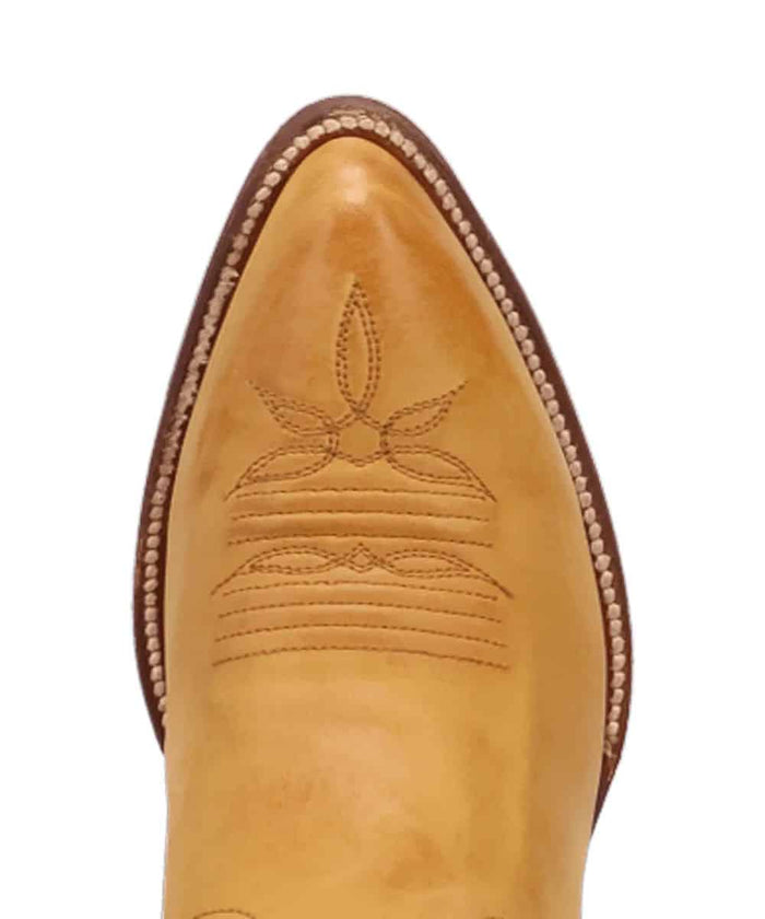 Dan Post Women's Sunrise Canyon Boot features a pointed toe, light brown embroidered floral pattern, and smooth leather. Visible sole stitching highlights construction.
