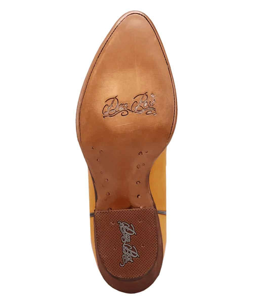 Dan Post Women's Sunrise Canyon Boot: Leather exterior with pointed toe. Features a light brown interior contrasting a darker, textured insole with logo imprint. Streamlined, fitted design.
