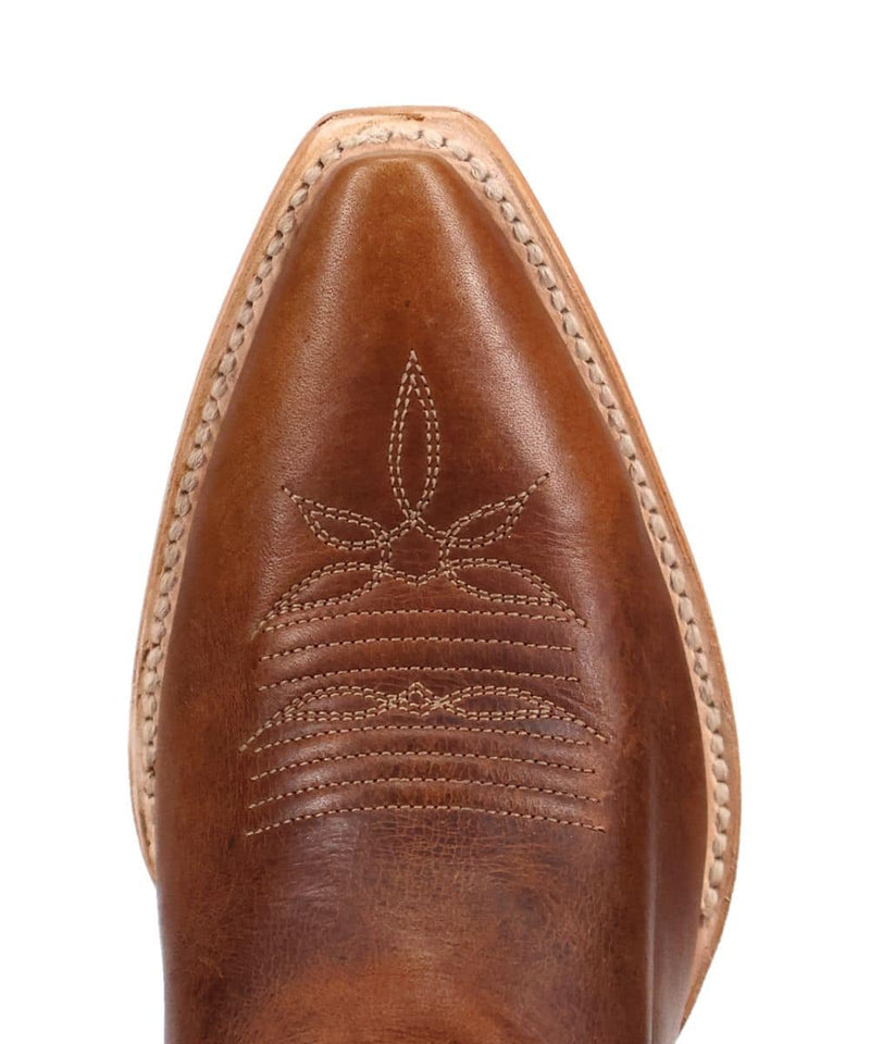 Dan Post Dayla boots for women: Smooth brown leather, pointed toe, decorative stitched shaft, and contrast sole stitching. Classic Western style.
