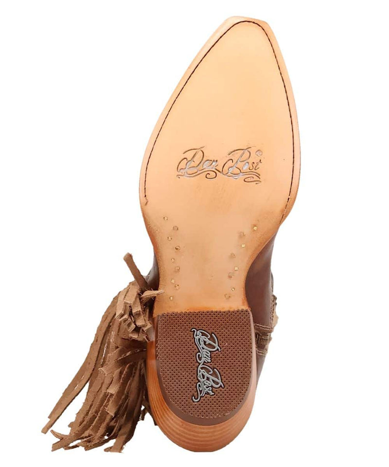 Dan Post Women's Dayla Boot. Brown leather upper, pointed toe, fringed detail. Leather sole with branded insignia. 2" heel with textured grip.