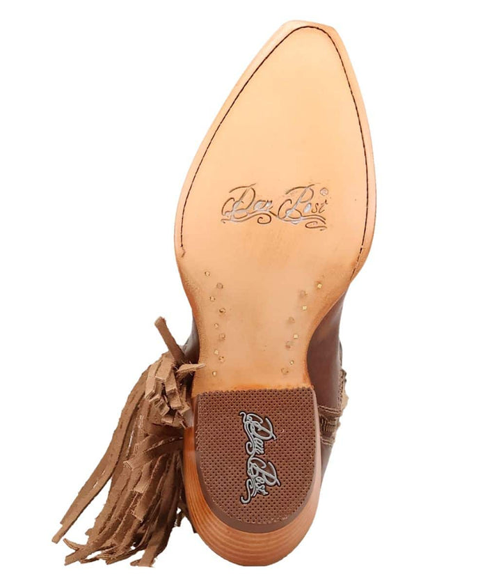 Dan Post Women's Dayla Boot. Brown leather upper, pointed toe, fringed detail. Leather sole with branded insignia. 2" heel with textured grip.