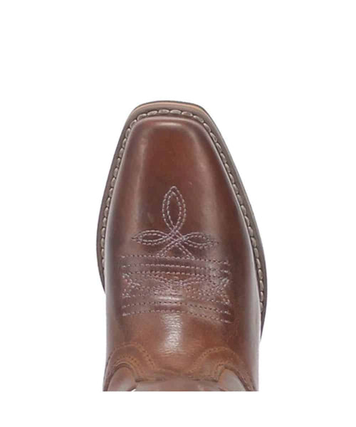 Dan Post Little Girls' Giselle boot: Brown leather, pointed toe, slight heel. Features decorative stitching & a sleek, classic Western design.
