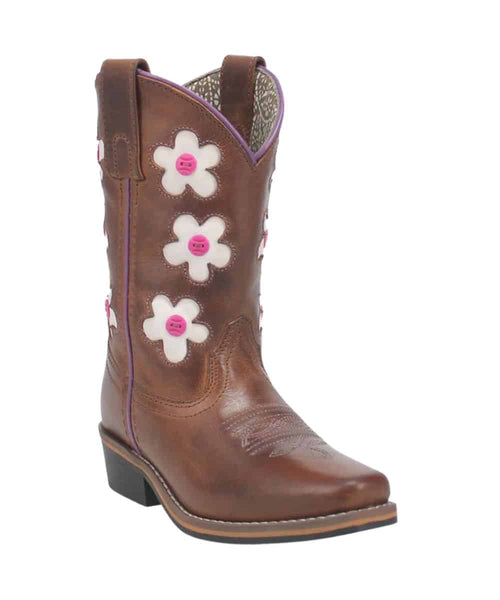 Dan Post Little Girls Giselle Boot: Brown leather exterior with white/pink floral appliqués. Slightly pointed toe, low stacked heel, and pull tab. Subtle shaft stitching, contrasting interior print.
