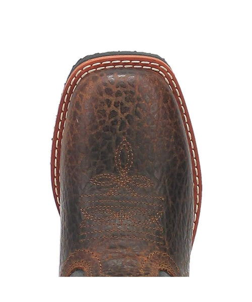Dan Post Kids Creek Boot: Textured brown leather upper, rounded toe, tall shaft. Floral stitching & white welt. Classic Western design.
