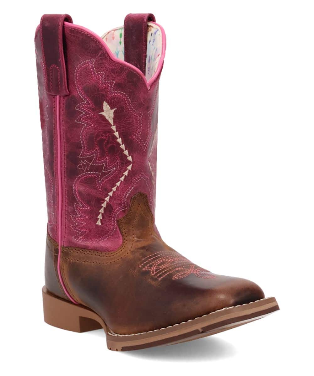 Dan Post Salina boots for little girls. Pink and brown leather, tall shaft, floral stitching, square toe, and durable brown rubber outsole.
