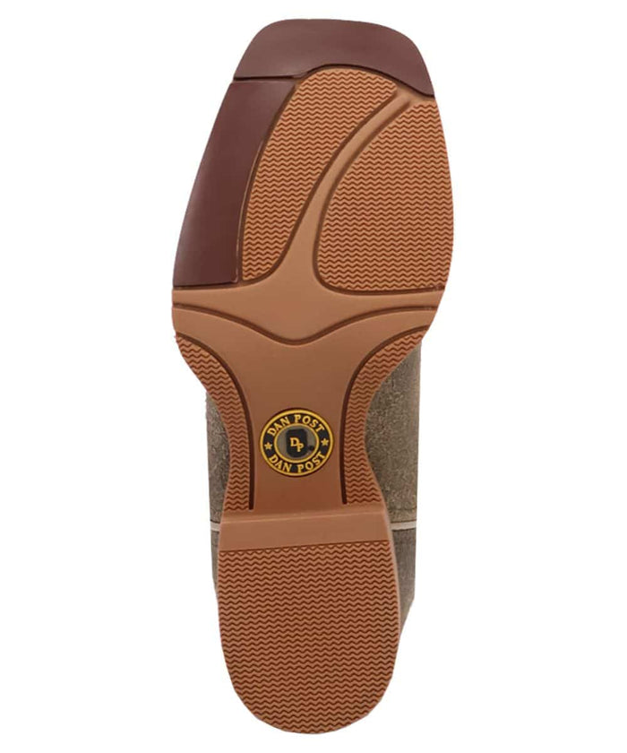 Dan Post Youth Boys Beasley Boot: Durable boot with a rubber outsole for traction. Features a brown sole with a circular logo, designed for structured wear and longevity.
