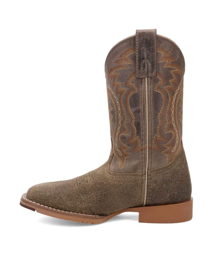 Dan Post Little Boys Beasley Boot: Rounded toe, tall shaft with zigzag stitching. Textured, muted brown upper, lighter brown outsole.

