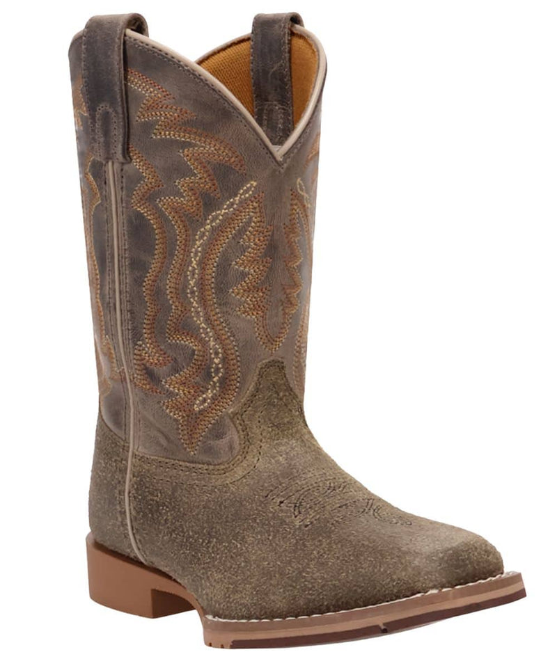 Youth boy's Dan Post Beasley boot with olive green shaft, pointed toe, and elevated heel. Features decorative tan stitching, reinforced pull tabs, and a brown outsole.
