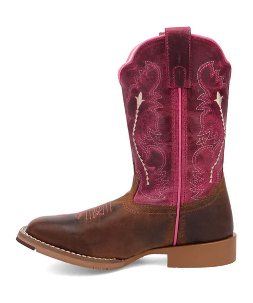 Dan Post Youth Girls Salina Boot: Tall dark pink shaft with embroidery. Brown leather pointed toe. Pink pull tab. Low brown heel. Stylish and durable.
