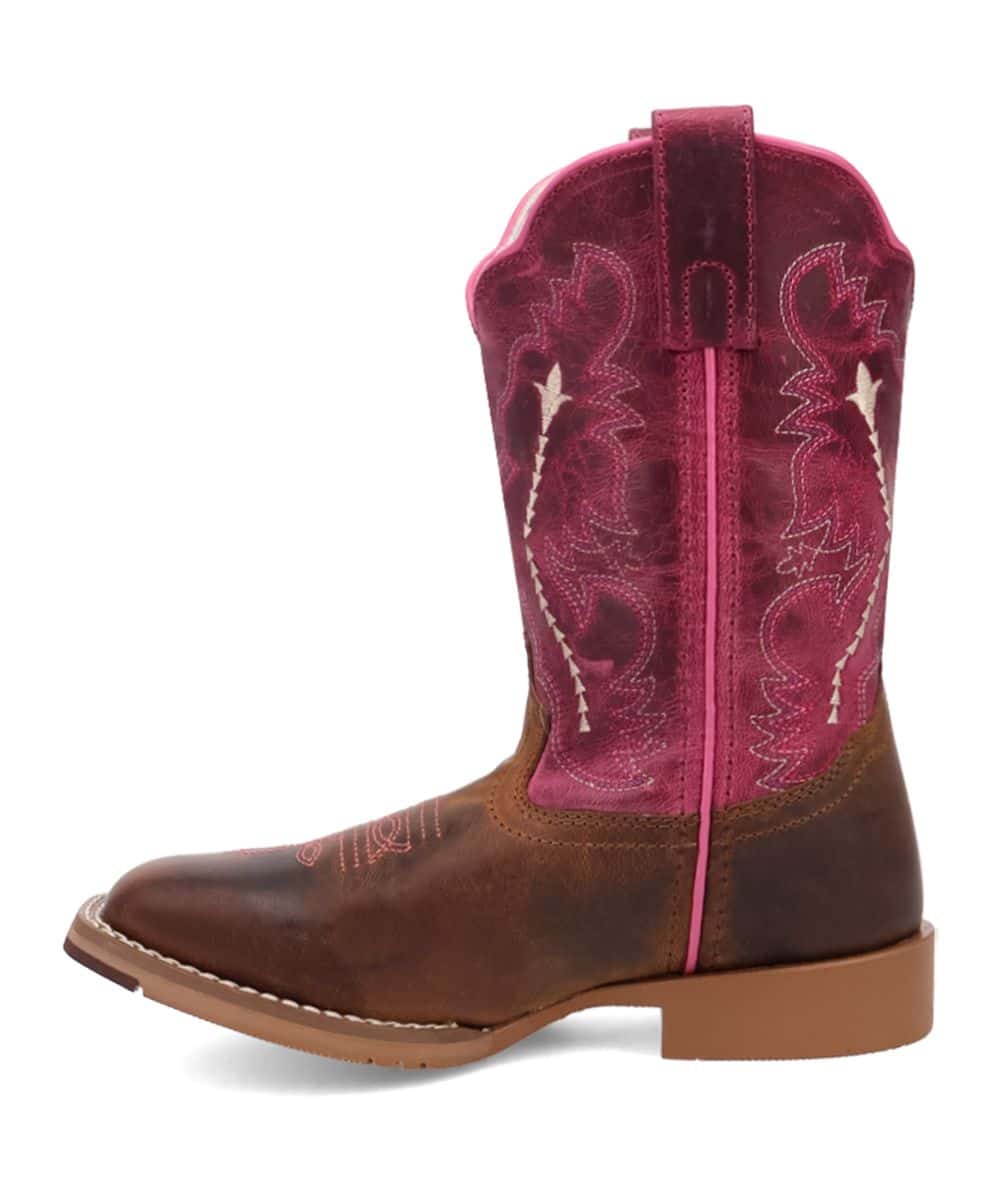 Dan Post Youth Girls Salina Boot: Tall dark pink shaft with embroidery. Brown leather pointed toe. Pink pull tab. Low brown heel. Stylish and durable.
