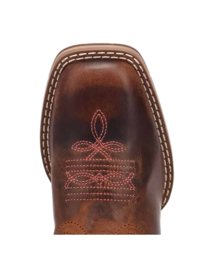 Dan Post Youth Girls Salina Boot: Brown leather upper with a rounded toe. Pink floral stitching on the toe. Light contrast stitching on the collar and sole.
