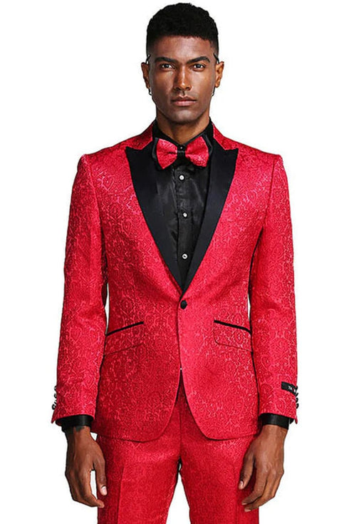 Men's One Button Slim Fit Paisely Wedding & Prom Tuxedo In Red