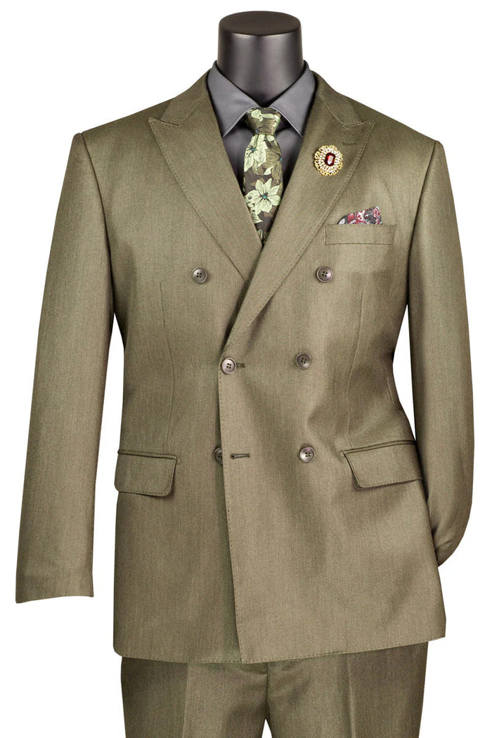 Mens Double Breasted Sharkskin Suit in Dusty Olive Green