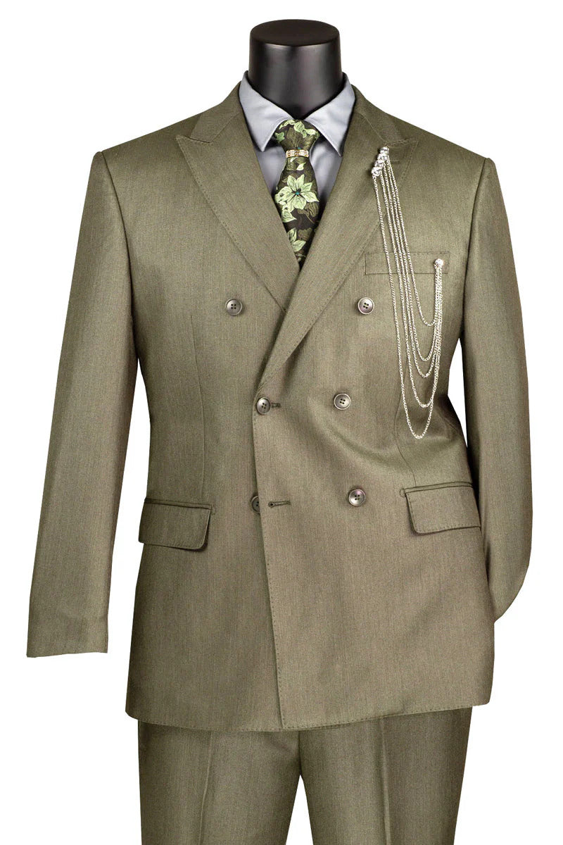Mens Double Breasted Sharkskin Suit in Dusty Olive Green