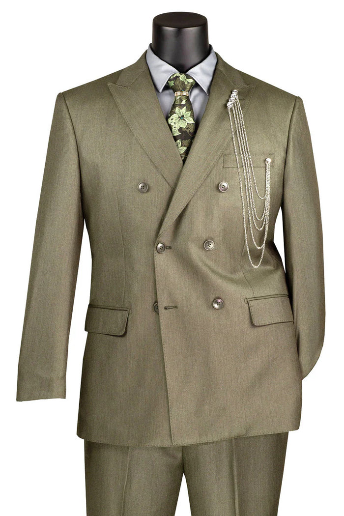 Mens Double Breasted Sharkskin Suit in Dusty Olive Green
