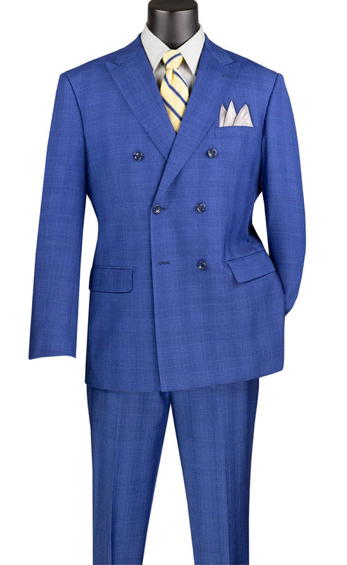 Alexander Collection - Blue Double Breasted 2 Piece Suit Regular Fit Glen Plaid