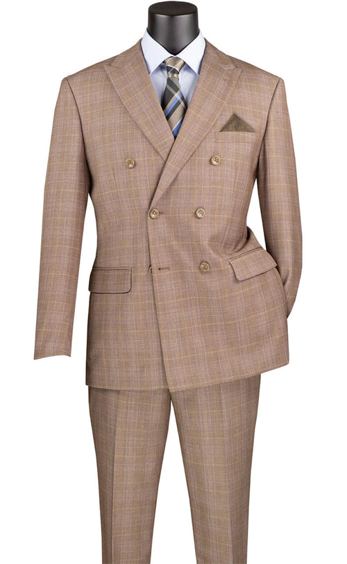 Alexander Collection - Tan Double Breasted 2 Piece Suit Regular Fit Glen Plaid