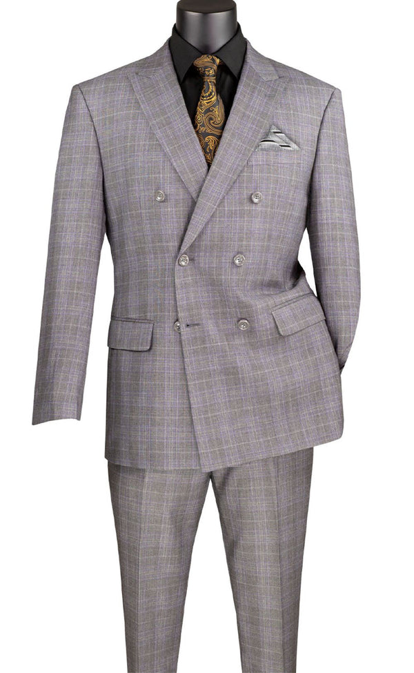 Alexander Collection - Gray Double Breasted 2 Piece Suit Regular Fit Glen Plaid