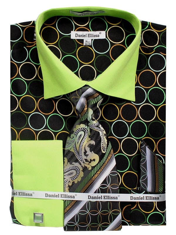 "Men's Circle Print French Cuff Dress Shirt & Tie Set - Contrast Collar"