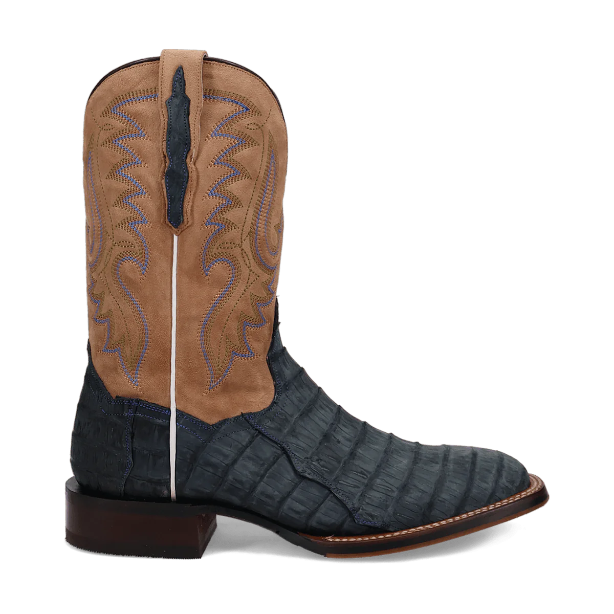 Dan Post Leon Western Boots: Men's tan suede upper with denim-like stitching. Dark blue caiman vamp, square toe, and brown leather heel. A stylish, rugged boot.

