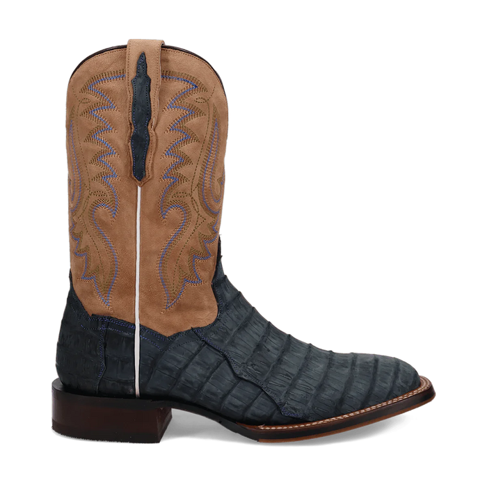 Dan Post Leon Western Boots: Men's tan suede upper with denim-like stitching. Dark blue caiman vamp, square toe, and brown leather heel. A stylish, rugged boot.
