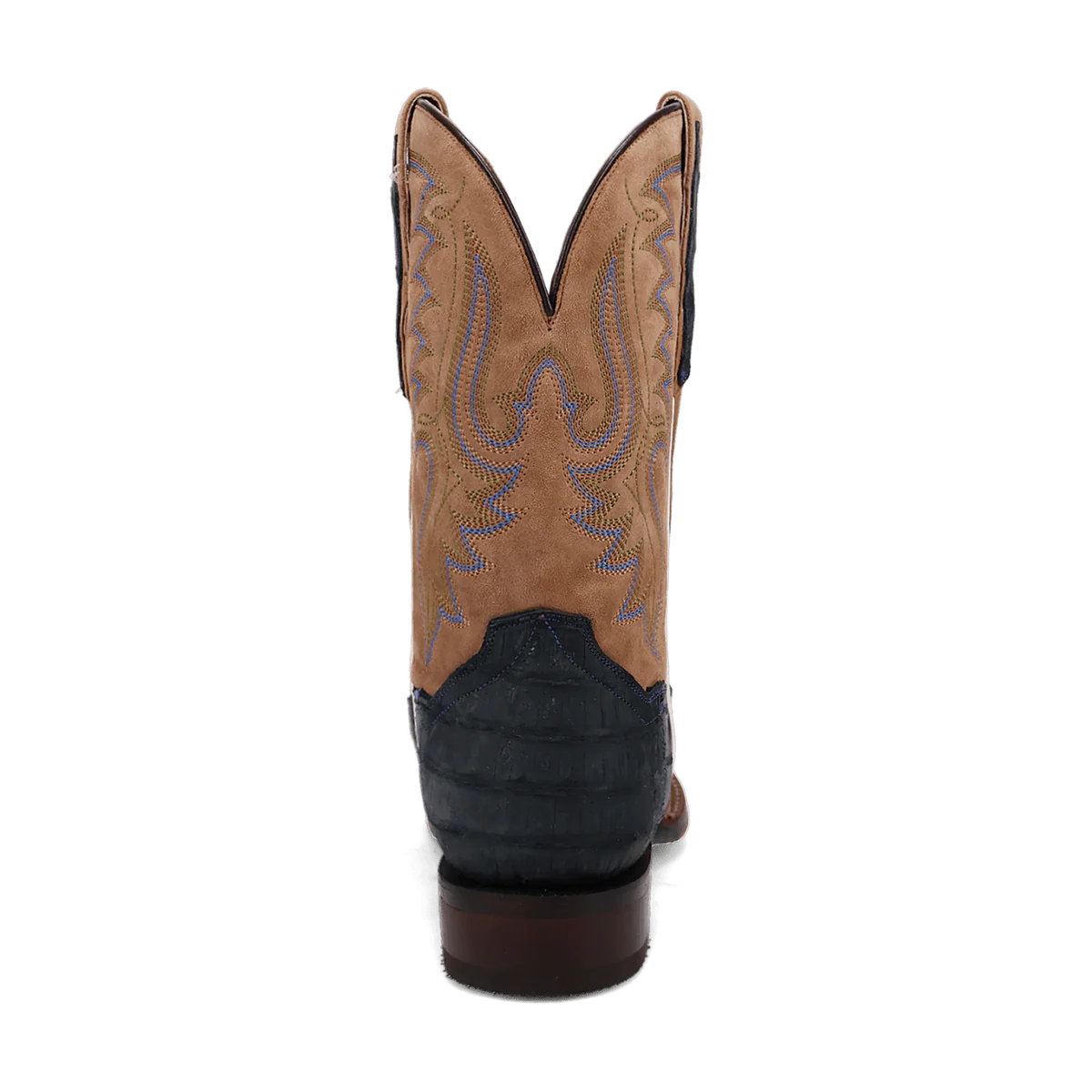 Dan Post Leon boots: tan suede upper with blue stitching, dark caiman foot. Square toe, pointed shaft with scalloped top. Stacked wooden heel. Combines suede/caiman textures.
