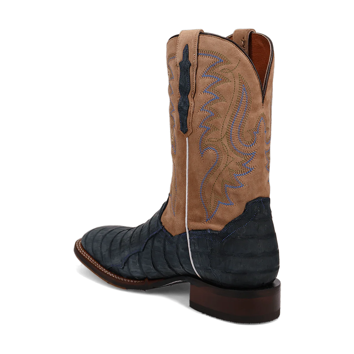 Dan Post Leon men's boots. Denim tan caiman leather toe/heel with tan suede upper. Wave-stitched, tall square toe design. Brown leather outsole. Pull tabs for easy wear.
