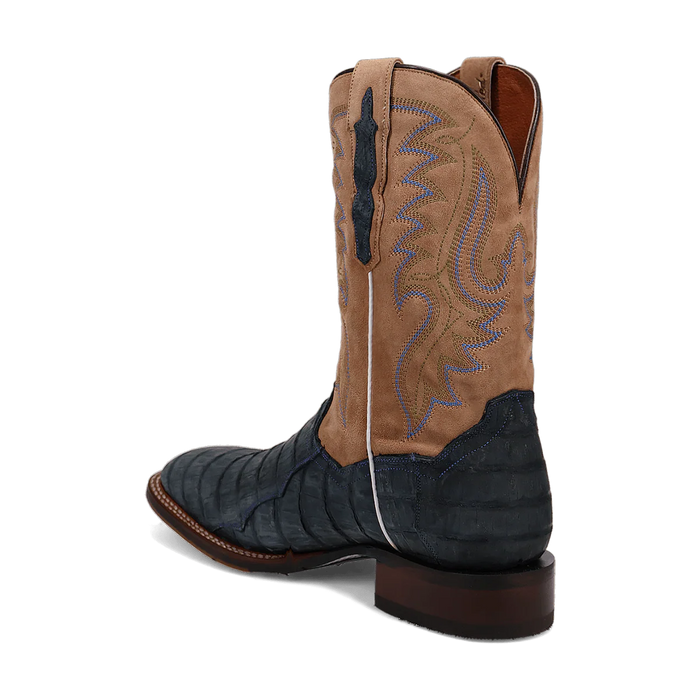 Dan Post Leon men's boots. Denim tan caiman leather toe/heel with tan suede upper. Wave-stitched, tall square toe design. Brown leather outsole. Pull tabs for easy wear.
