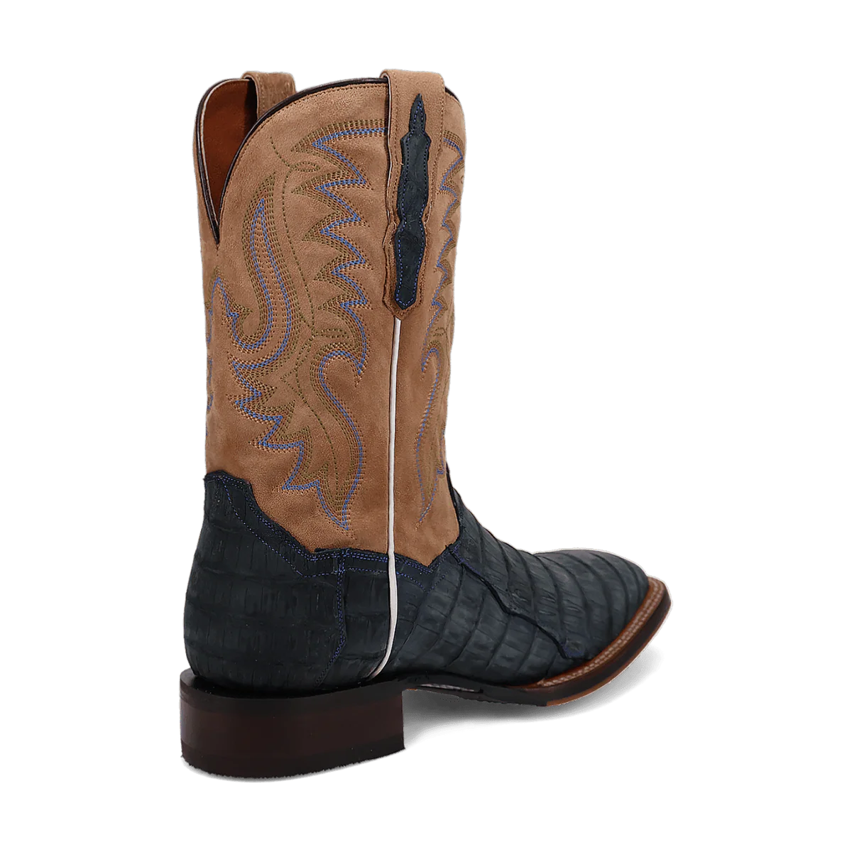 Dan Post Leon boots: Men's western boots with a denim tan caiman & suede upper. Tall, narrow, square toe. Intricate stitching & sturdy brown leather sole.
