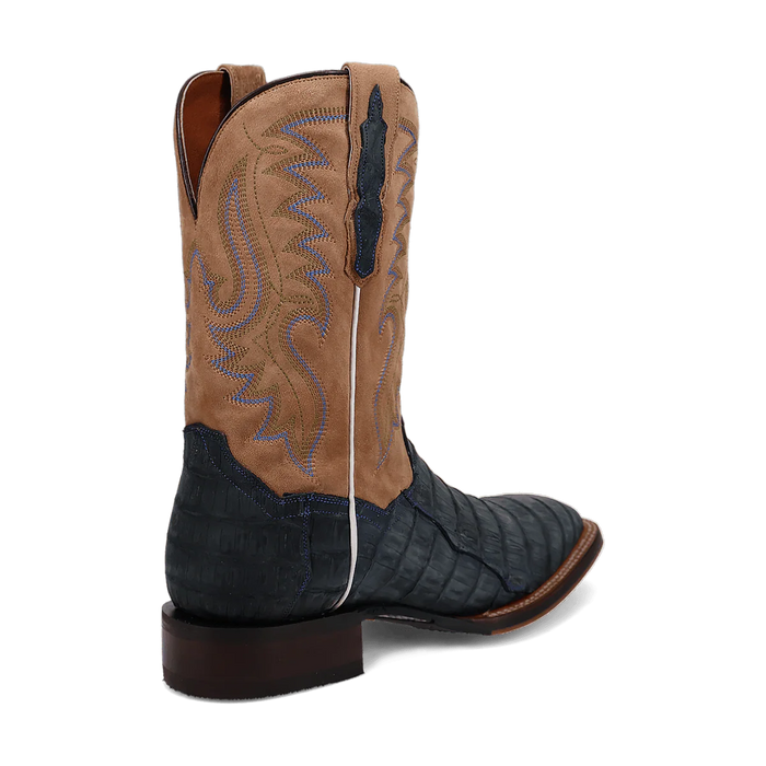 Dan Post Leon boots: Men's western boots with a denim tan caiman & suede upper. Tall, narrow, square toe. Intricate stitching & sturdy brown leather sole.
