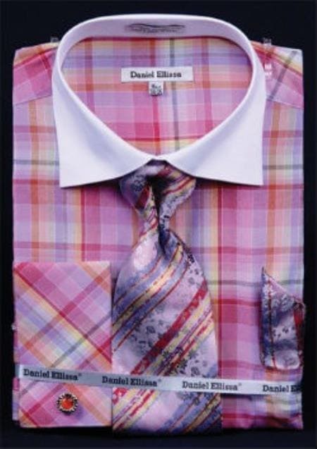 Mens New Years Outfit Daniel Ellissa Windowpane Plaid Pattern French Cuff Red White Collar Two Toned Contrast Men's Dress Shirt