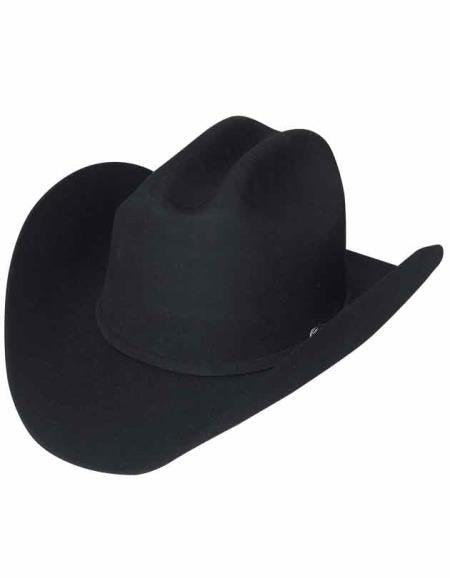 Black felt cowboy hat: Lana Negro. High crown, wide brim with slight curve. Seamless body. Classic design.

