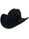 Black "Lana Negro" hat: wide brim, rounded crown with front pinch. Smooth black wool felt. Black band with silver-tone buckle.
